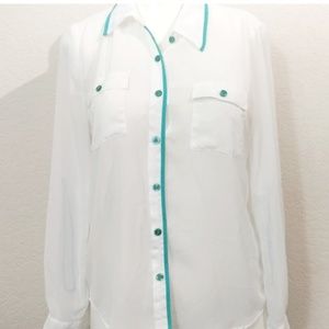 white sheer pearl button down long sleeve shirt